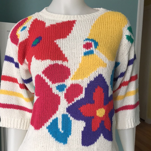 Vintage Barbra Sue floral abstract striped sweater size S - Picture 2 of 9
